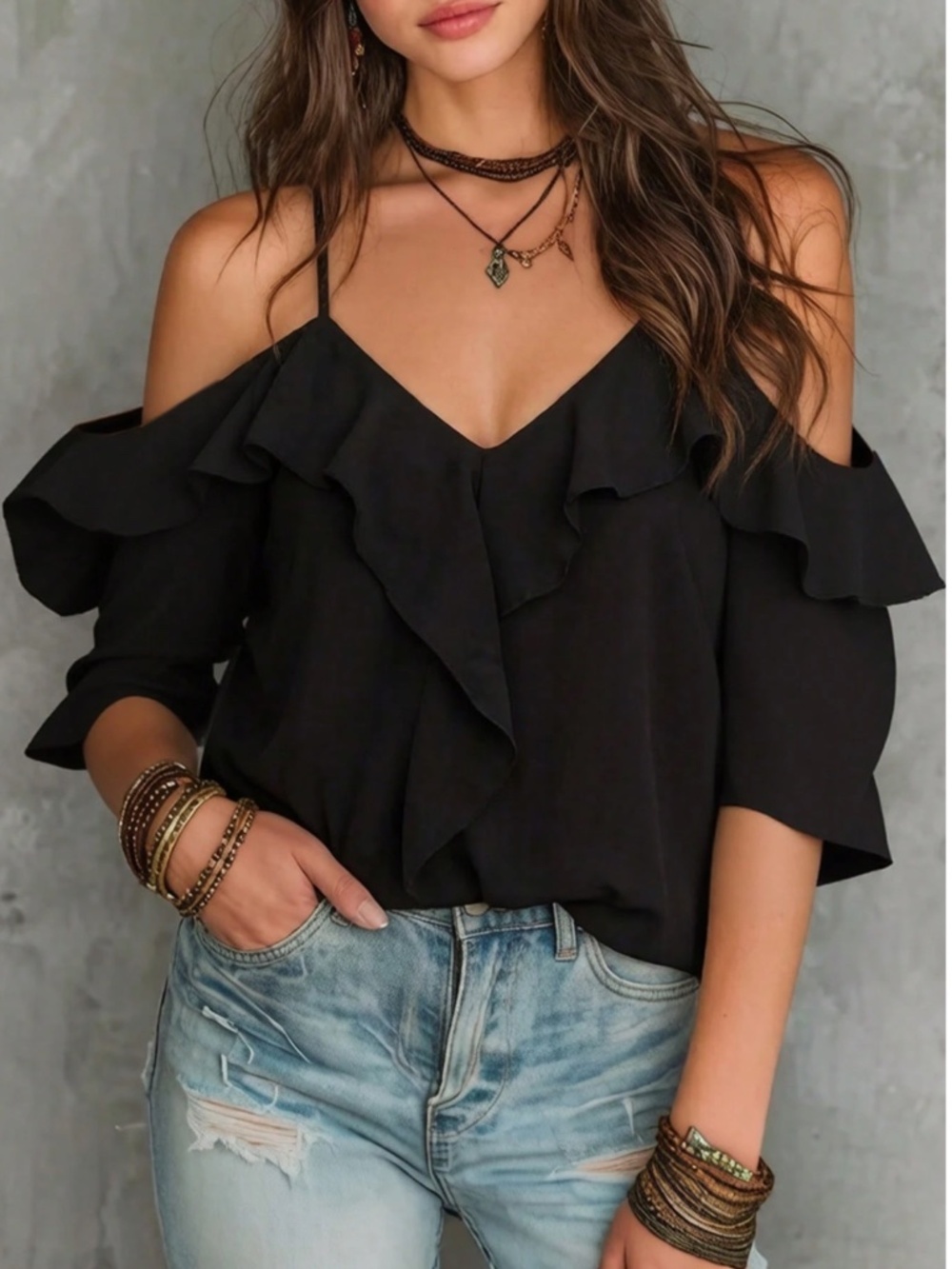 Cold Shoulder Spaghetti Straps Ruffle Detail Black Top